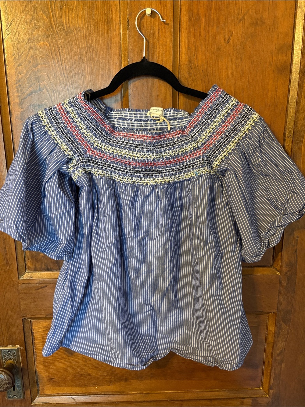 beachlunchlounge Blue and White Striped Smocked Off-Shoulder Top